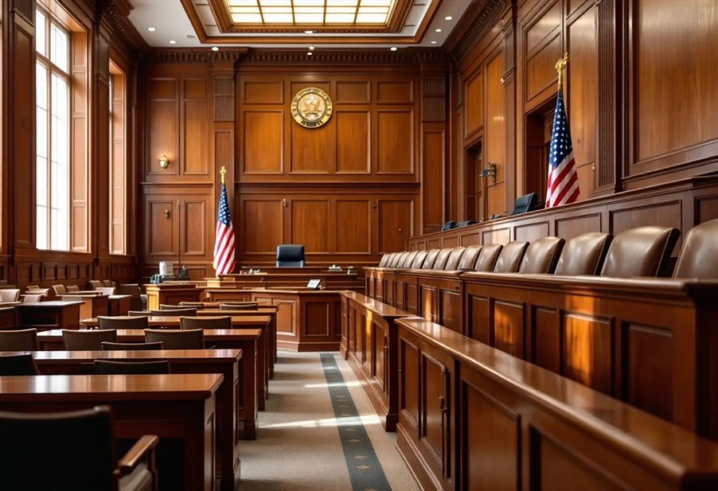 Empty wood-panelled American courtroom showing the jury box, judge's bench and the United States flag