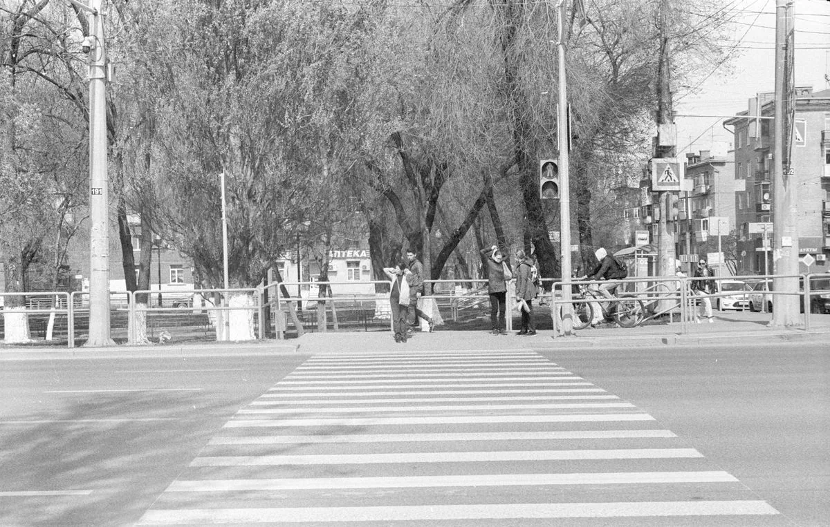 Marked pedestrian crosswalk at a city intersection